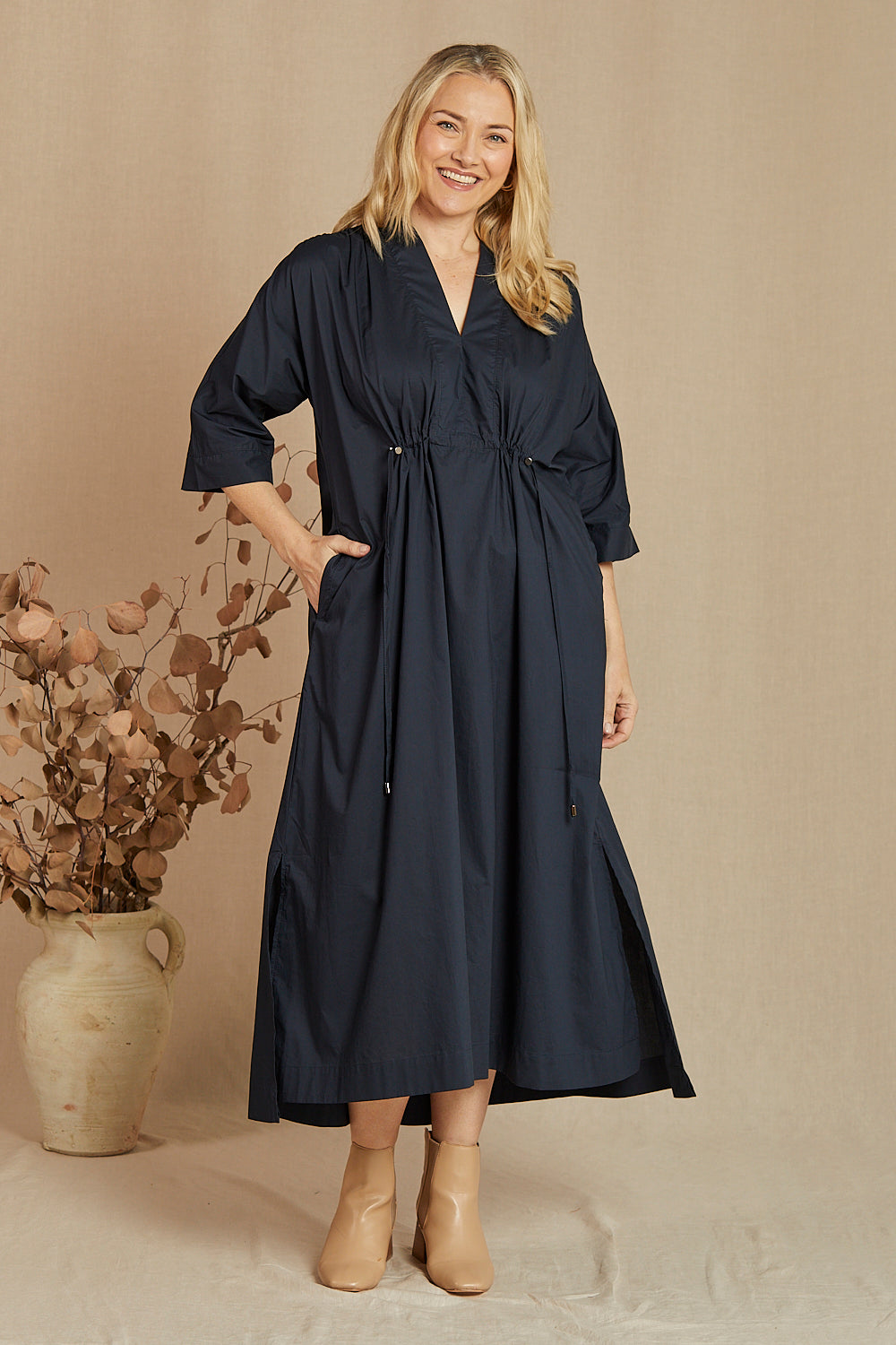 Finley Poplin Kaftan Dress in Navy