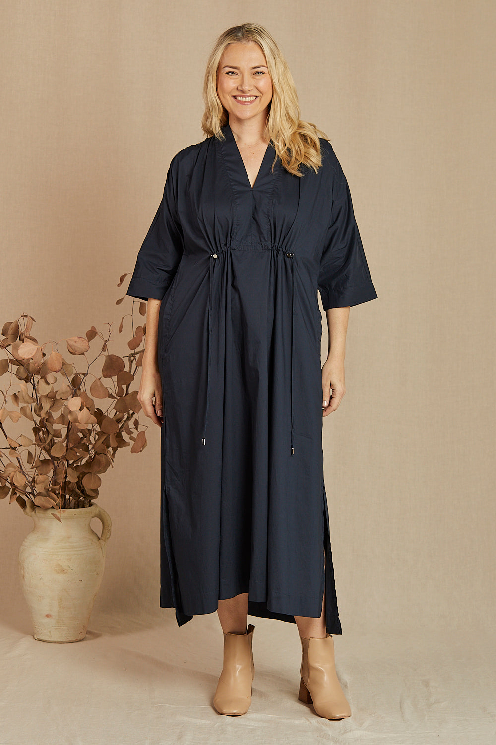 Finley Poplin Kaftan Dress in Navy