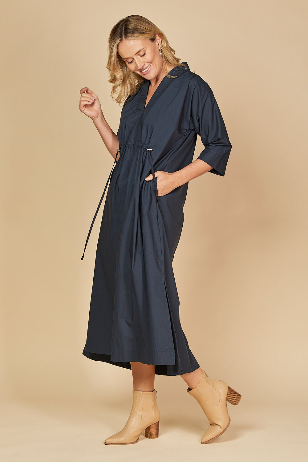 Finley Poplin Kaftan Dress in Navy