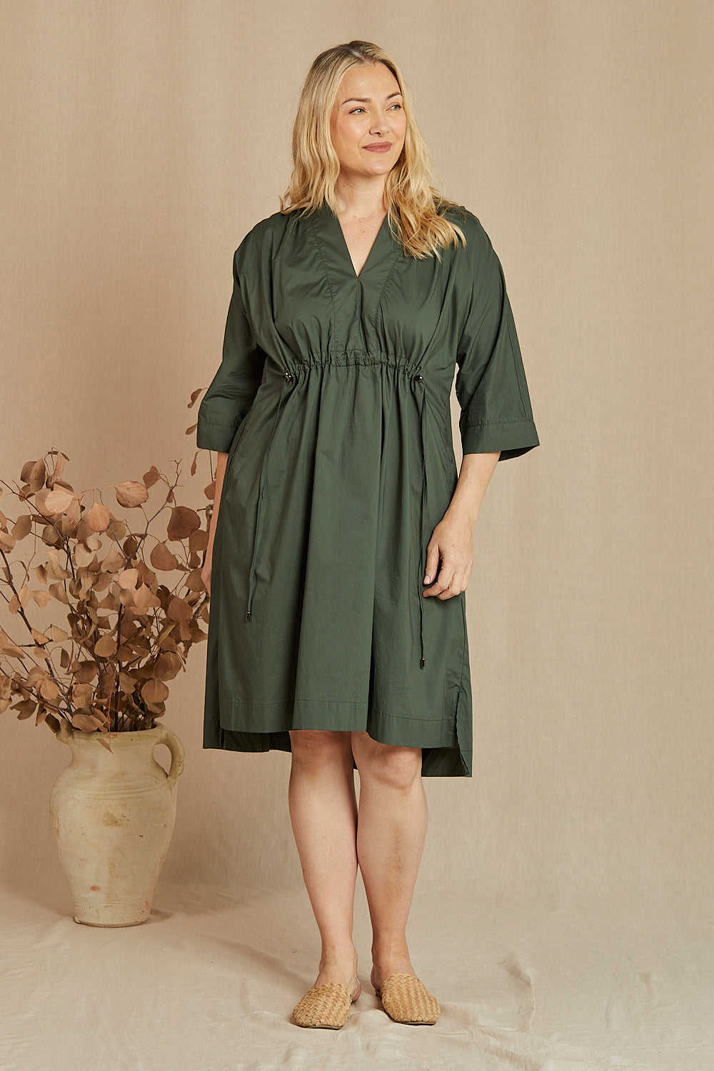 Finley Poplin Short Kaftan Dress in Bottle Green