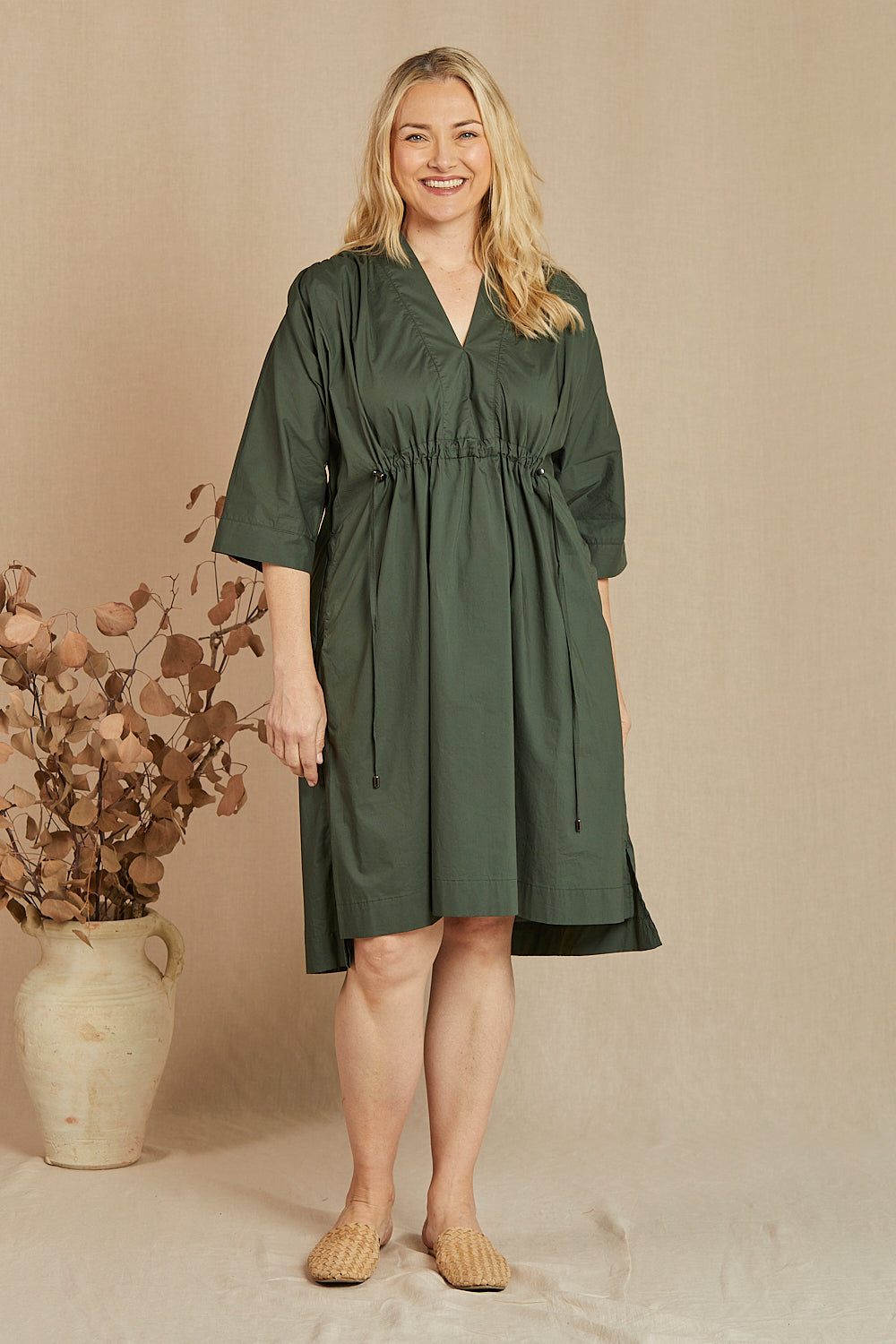 Finley Poplin Short Kaftan Dress in Bottle Green