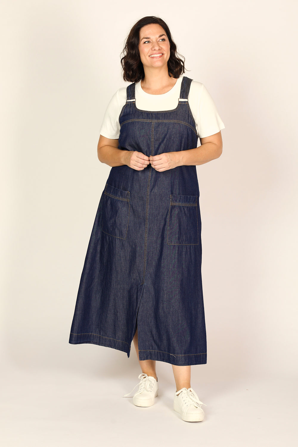 Francesca Chambray Pinafore Dress in Dark Wash