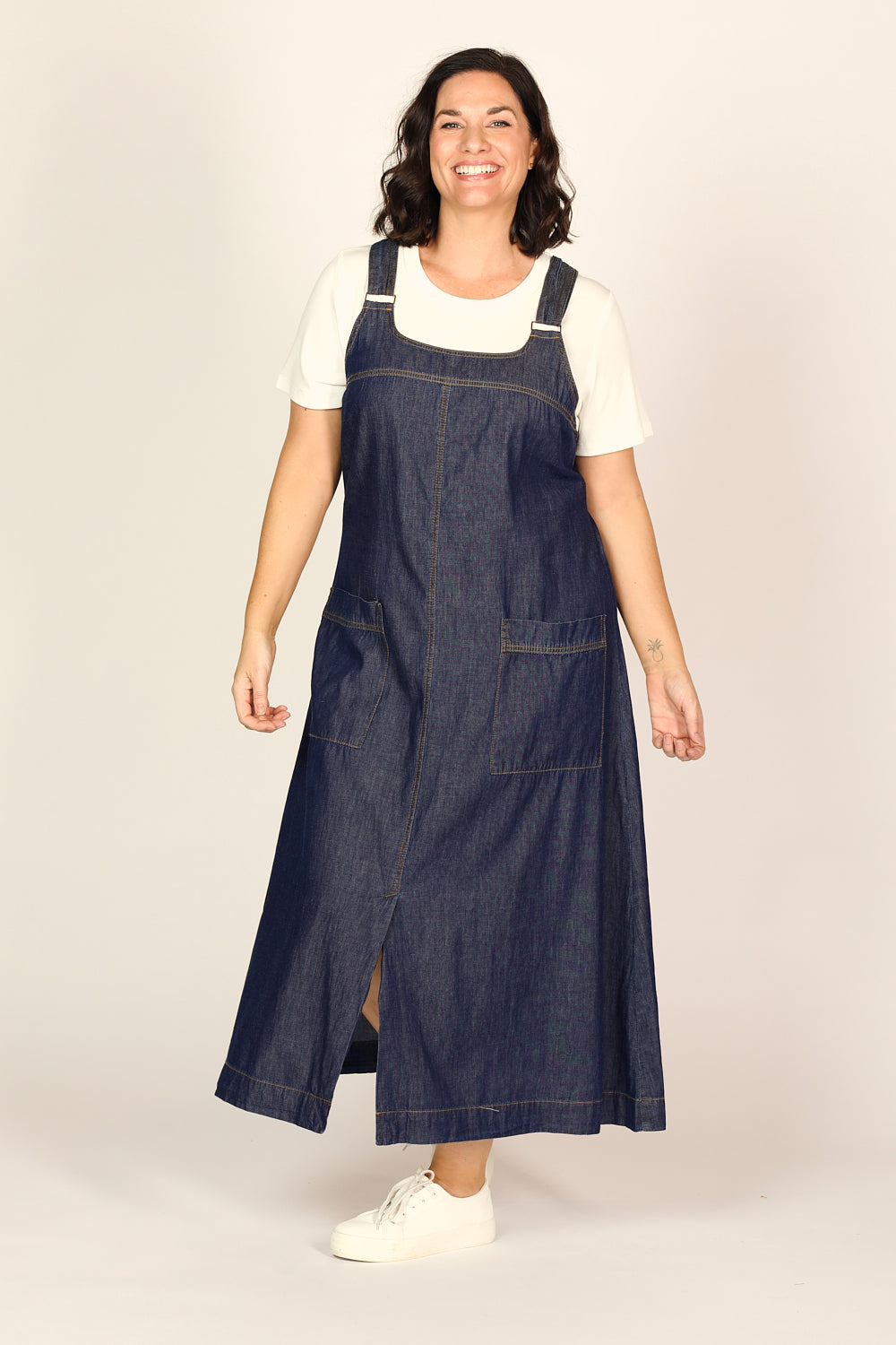 Francesca Chambray Pinafore Dress in Dark Wash