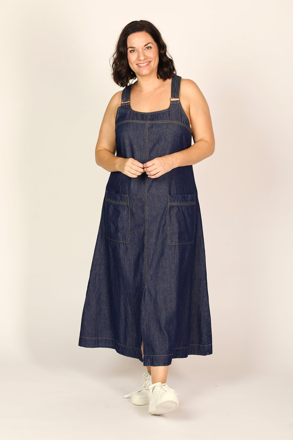 Francesca Chambray Pinafore Dress in Dark Wash