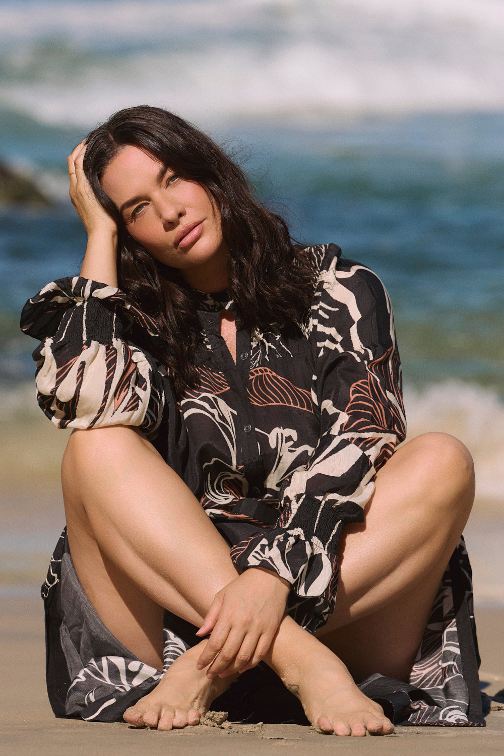 Gianna Shirred Dress in Floral Terrain
