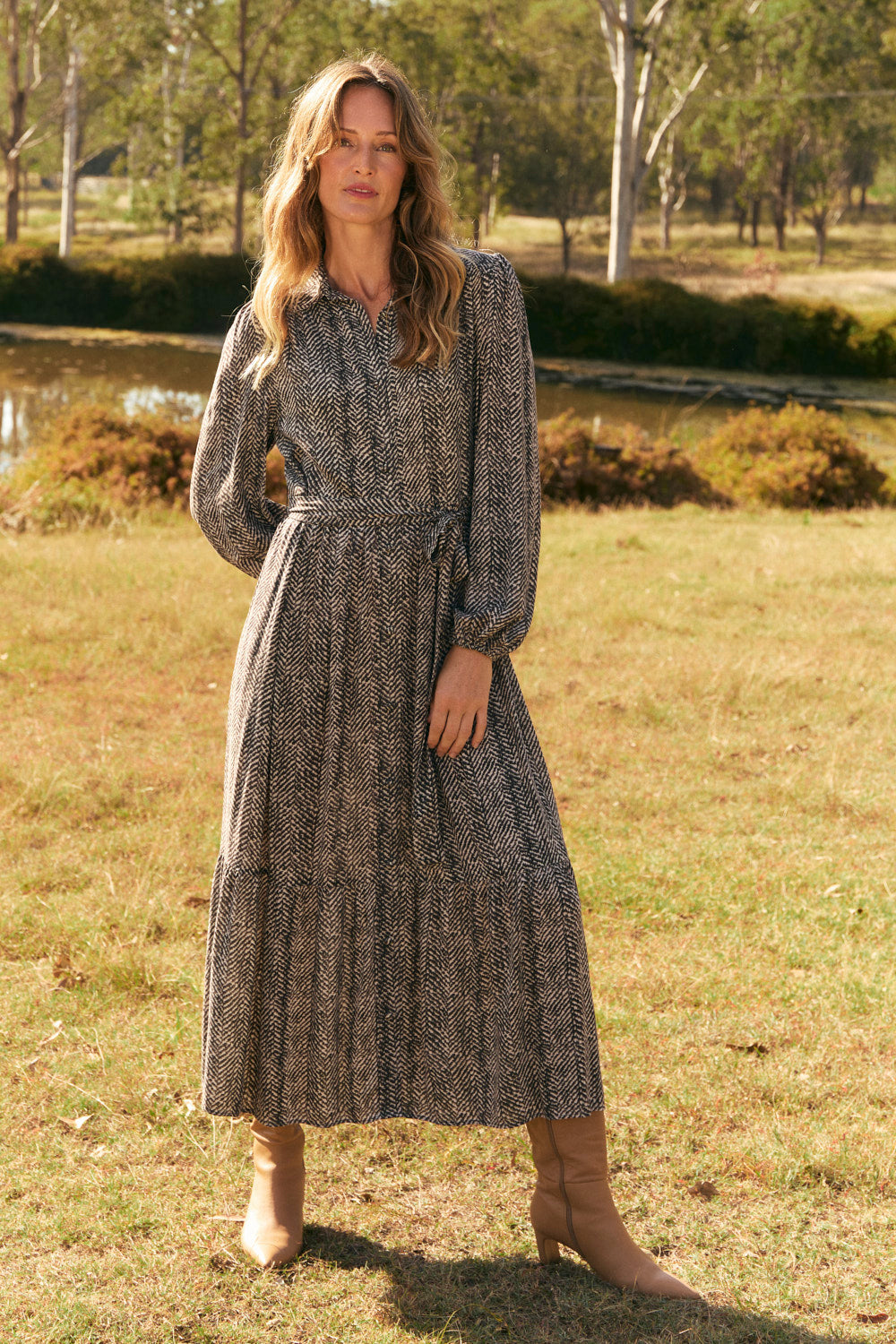 Ginette Collared Dress in Herringbone