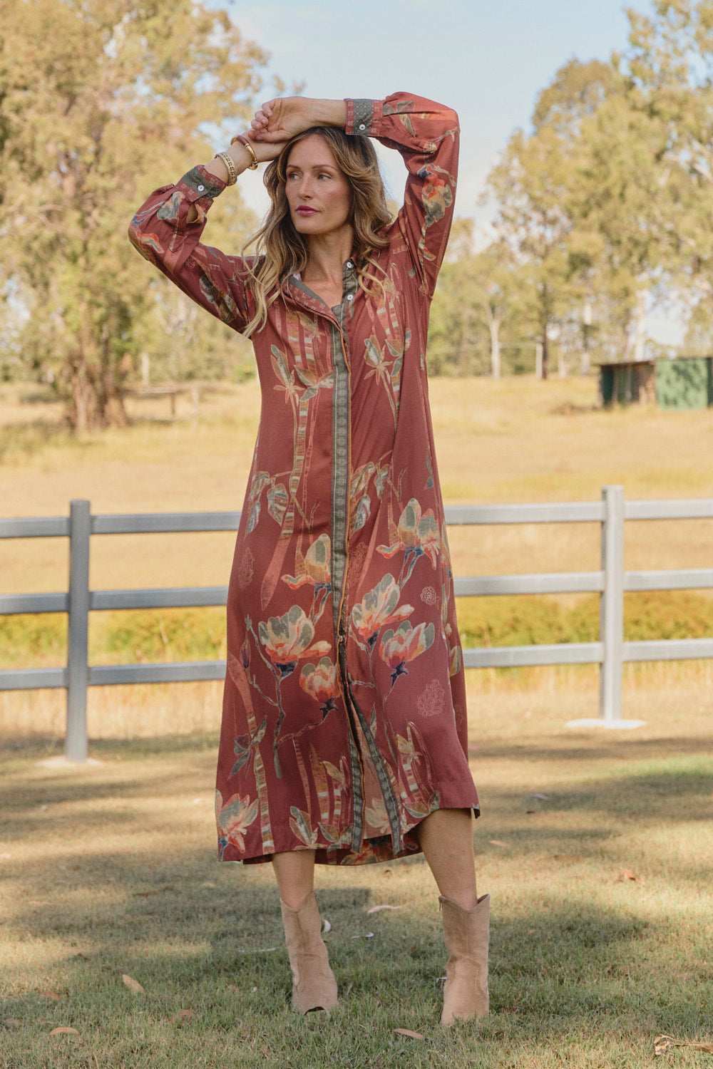 Gracie Collared Dress in Outback featuring buttoned cuffs, side splits and pockets, Australian womenswear by Adrift