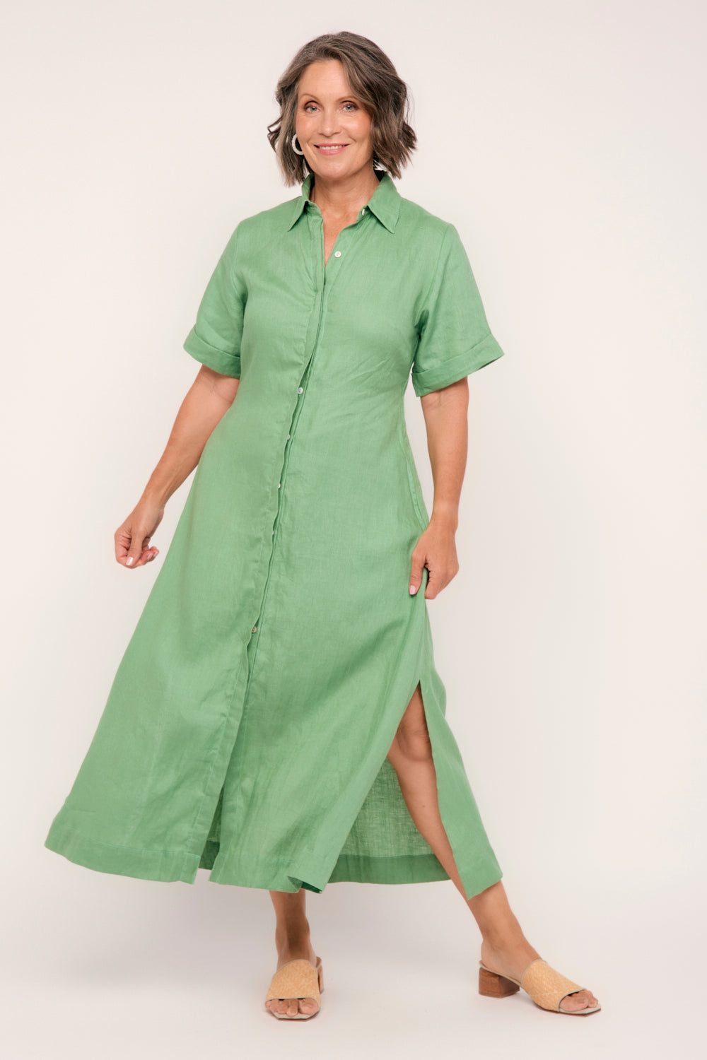 Gracie Linen Short Sleeve Shirt Dress in Jadesheen