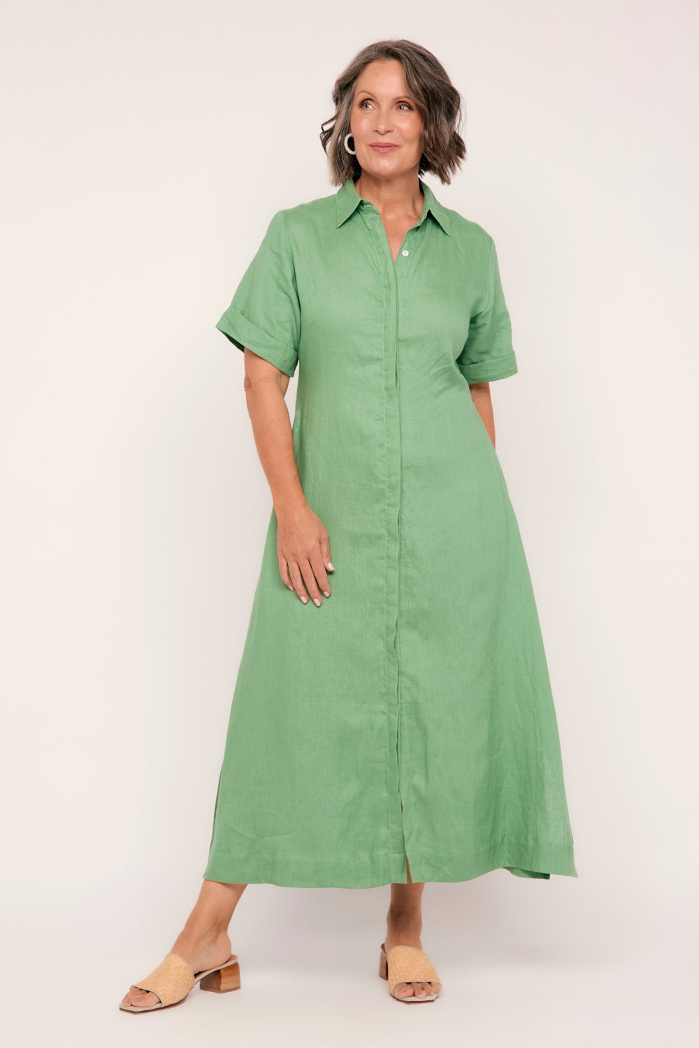 Gracie Linen Short Sleeve Shirt Dress in Jadesheen