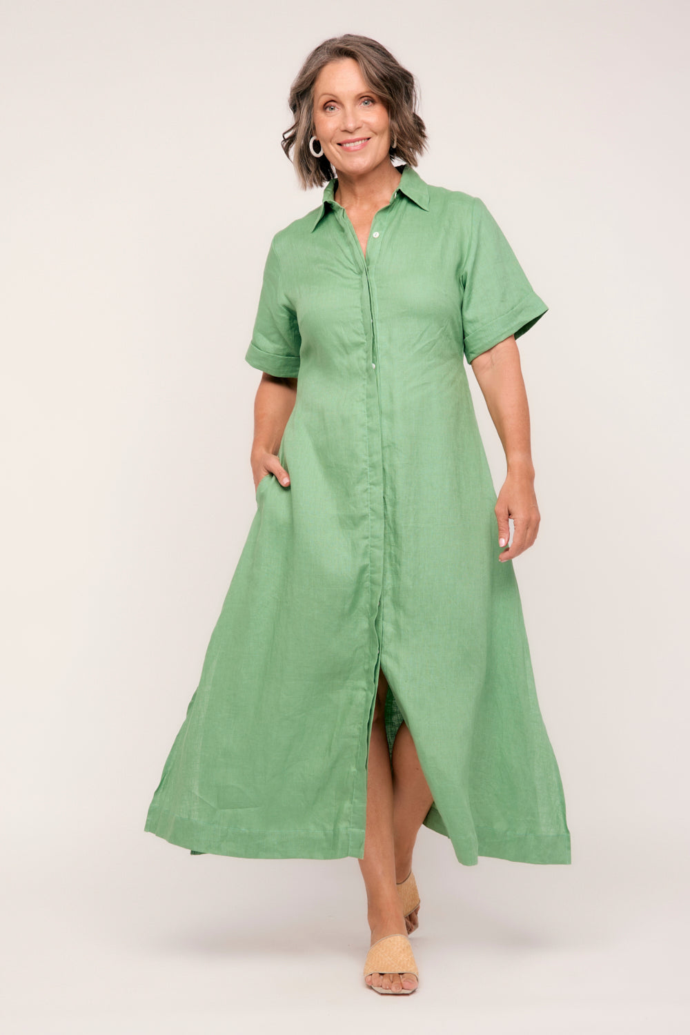 Gracie Linen Short Sleeve Shirt Dress in Jadesheen