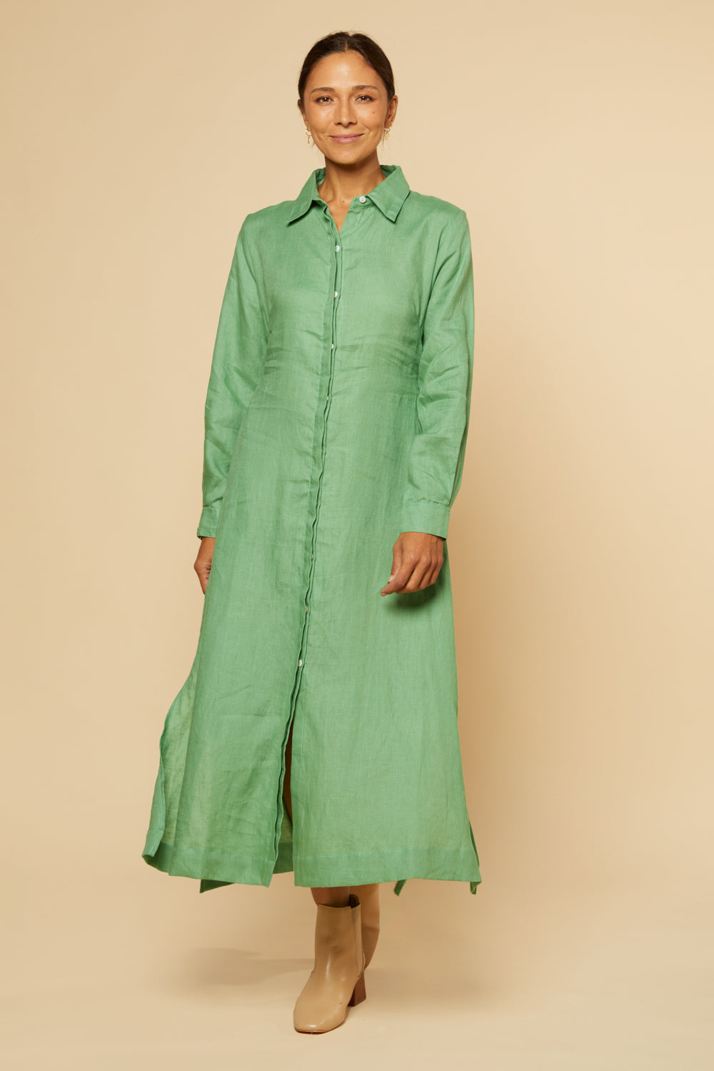 Gracie Long Sleeve Linen Dress in Jadesheen