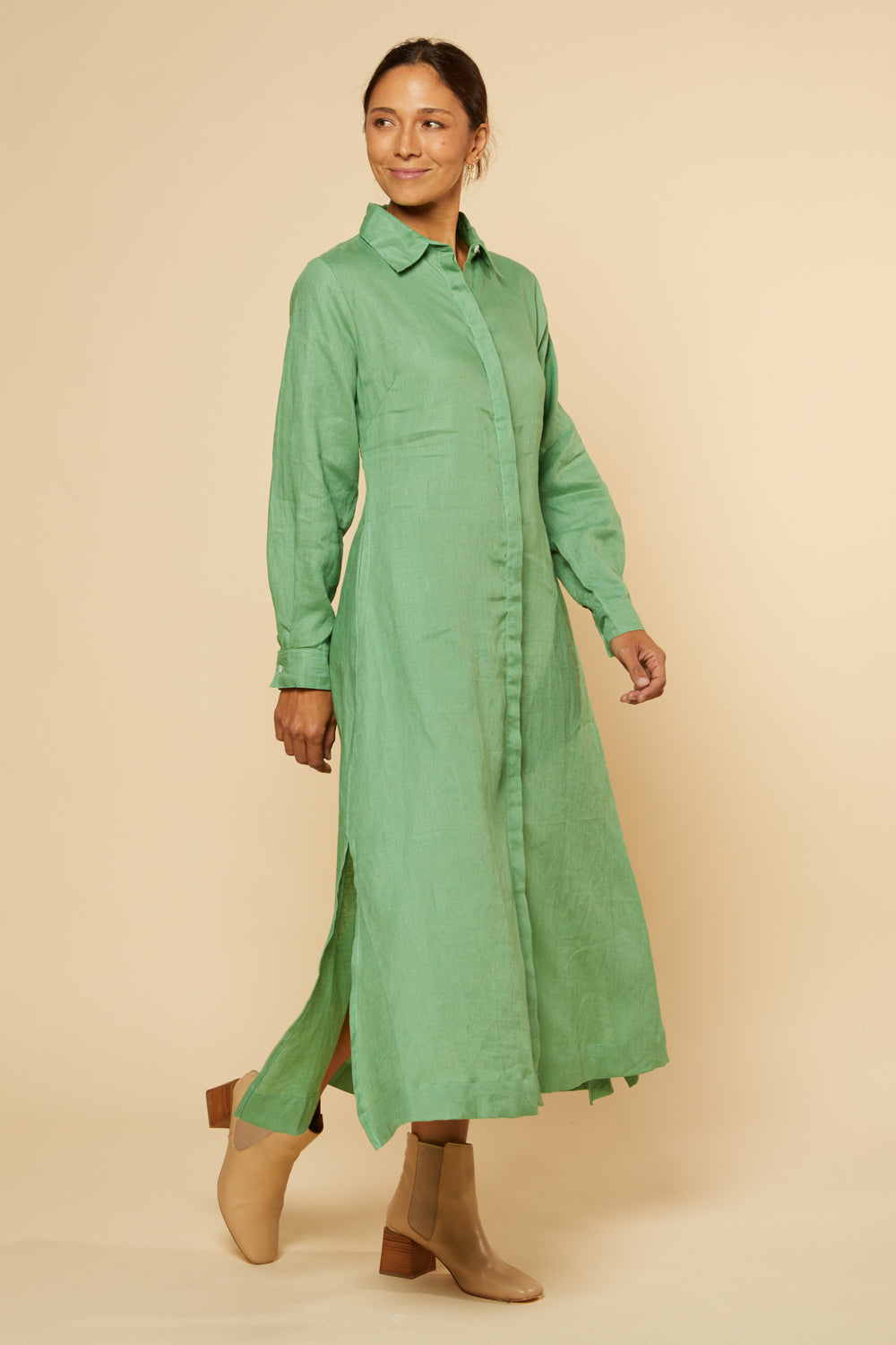 Gracie Long Sleeve Linen Dress in Jadesheen