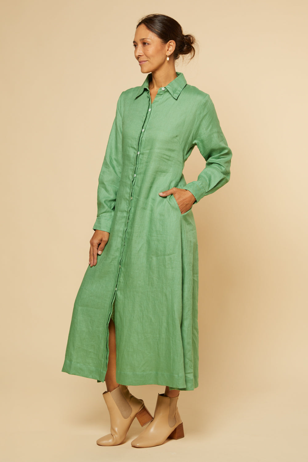 Gracie Long Sleeve Linen Dress in Jadesheen