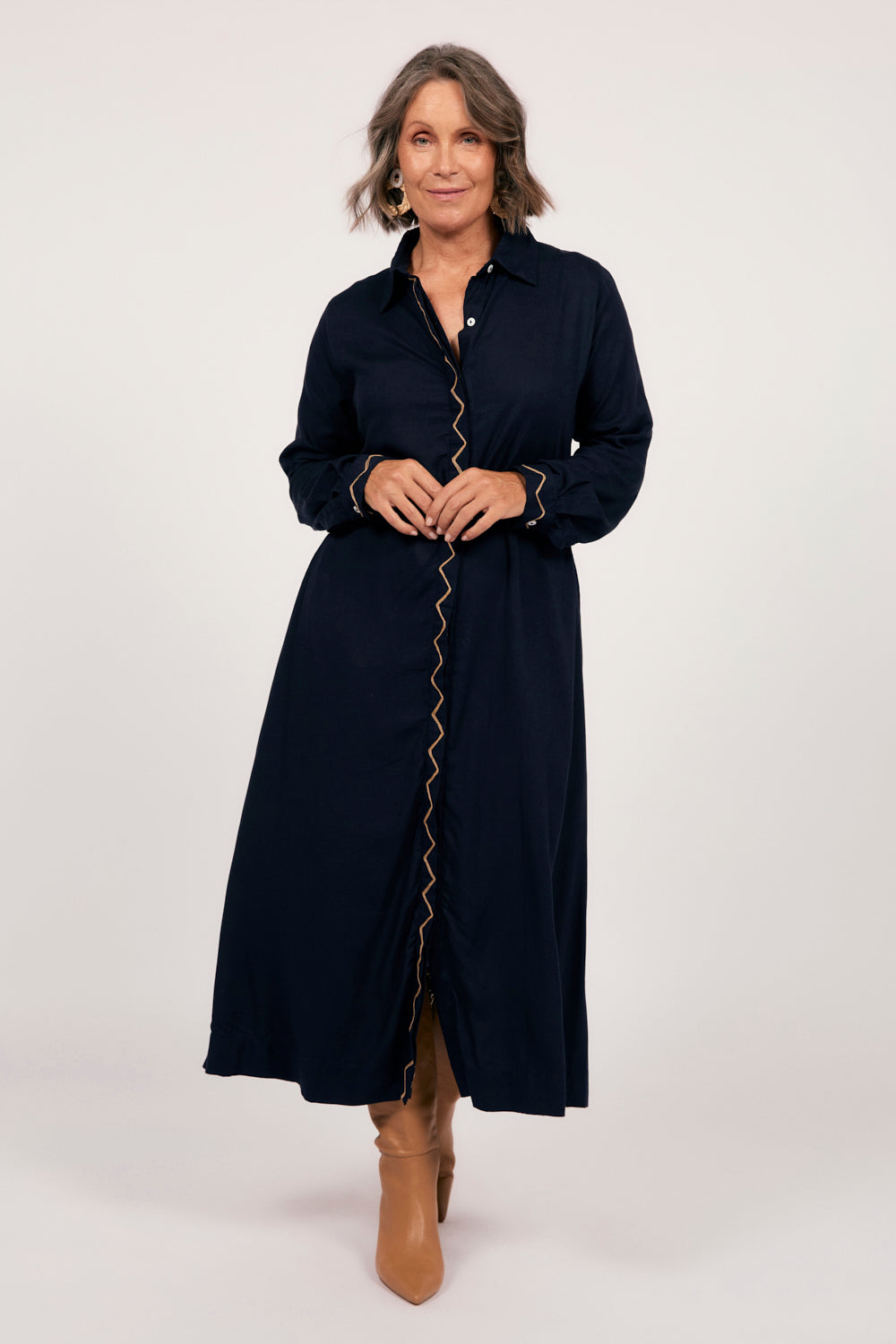 Gracie Long Sleeve Shirt Dress in Navy