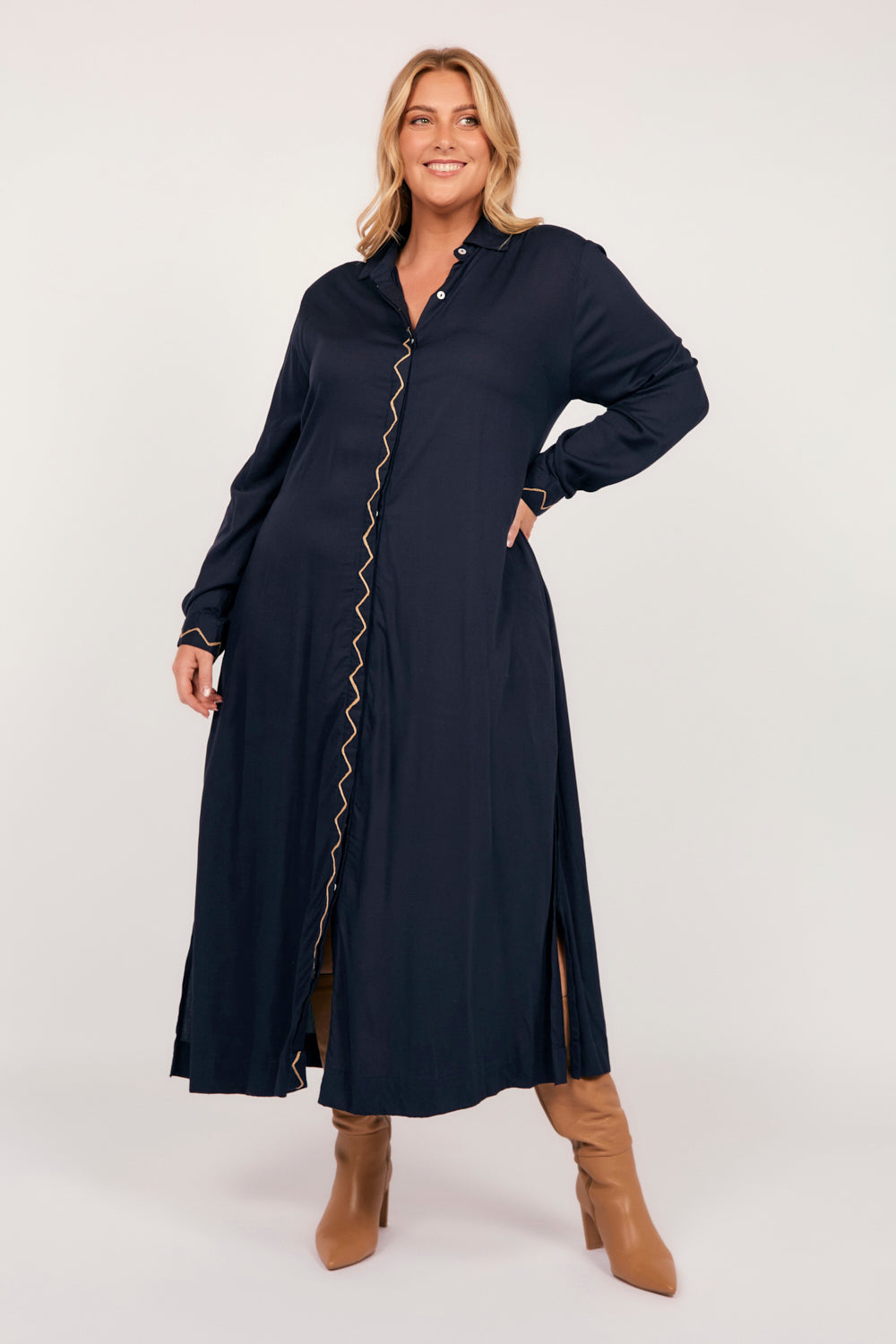 Gracie Long Sleeve Shirt Dress in Navy