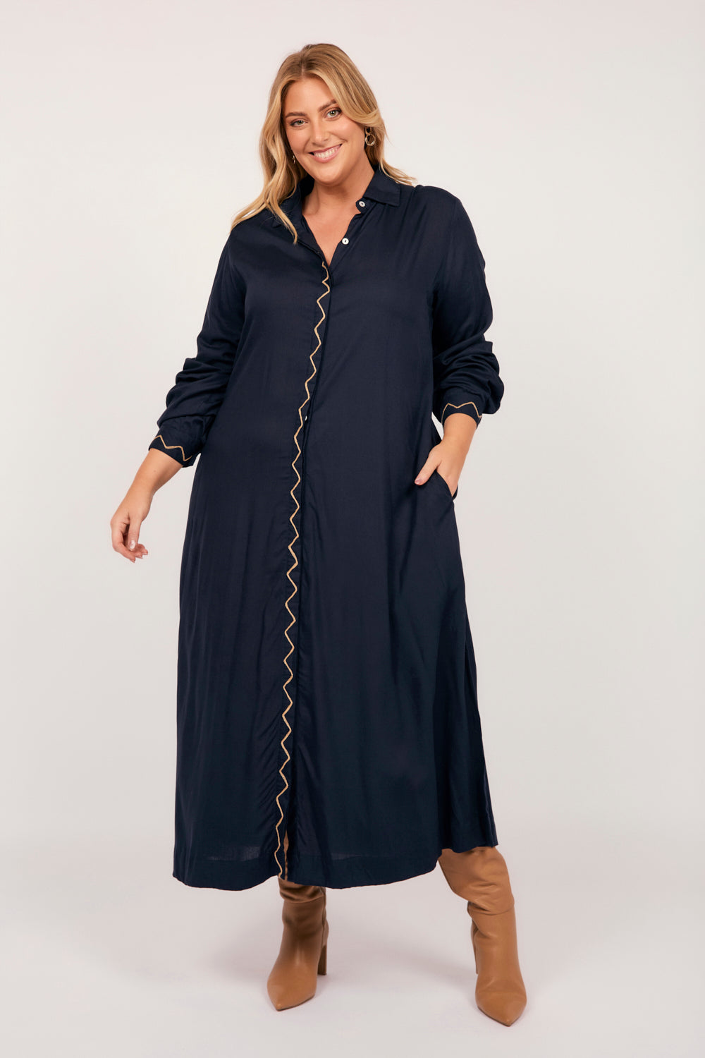 Gracie Long Sleeve Shirt Dress in Navy