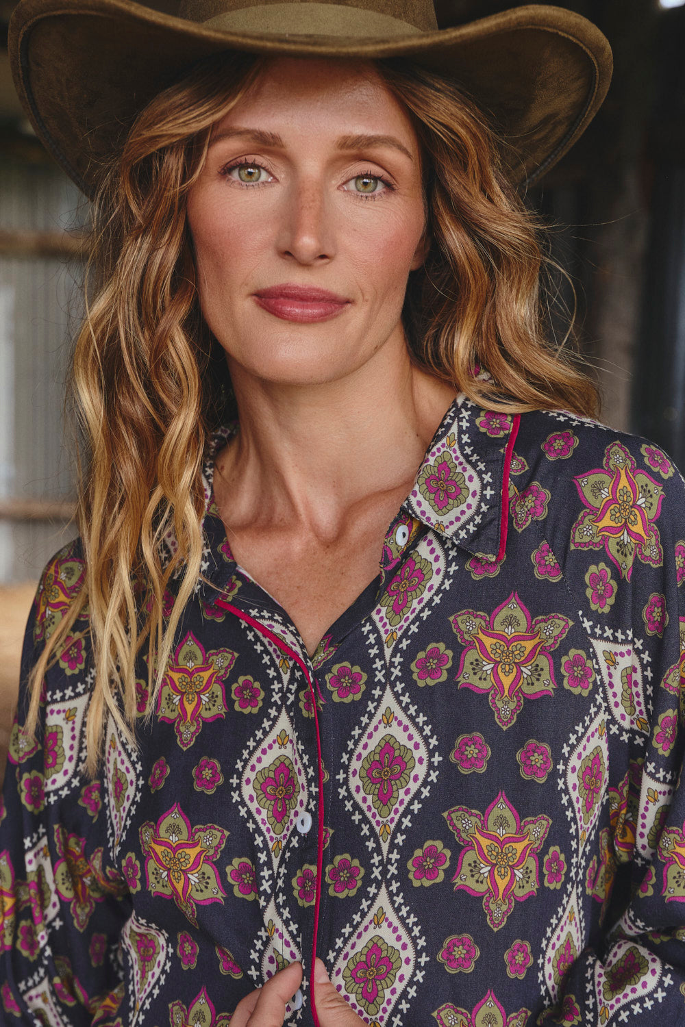 Model wearing the Gracie Shirt Dress in Veloura with centre-back elasticated waist, Adrift Clothing