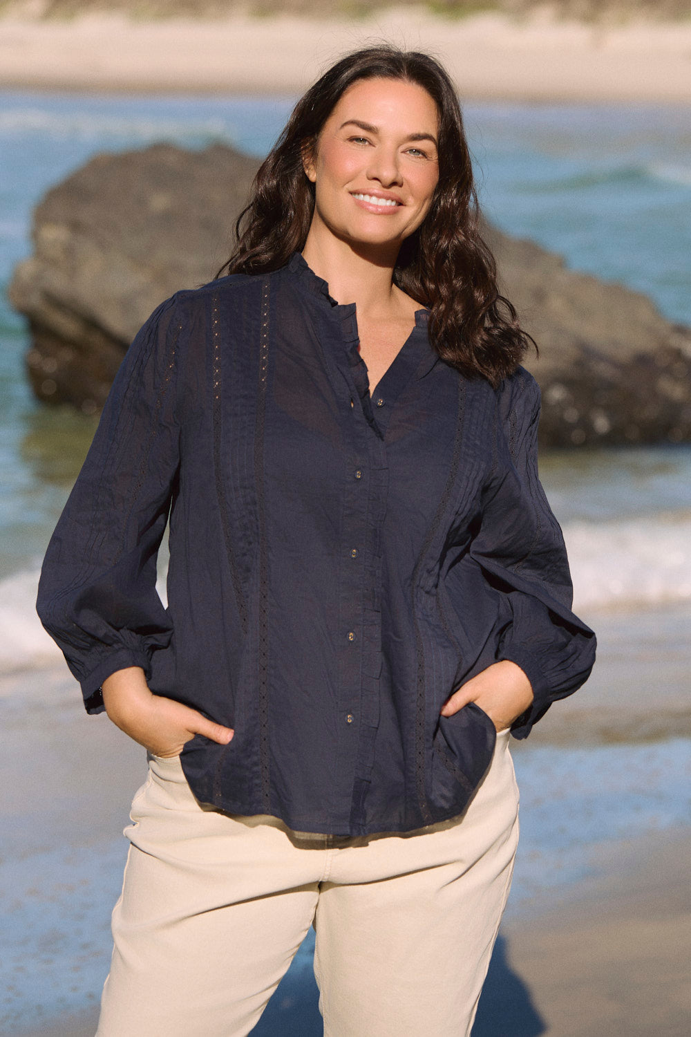 Harper Pintuck Blouse in Navy Lyric