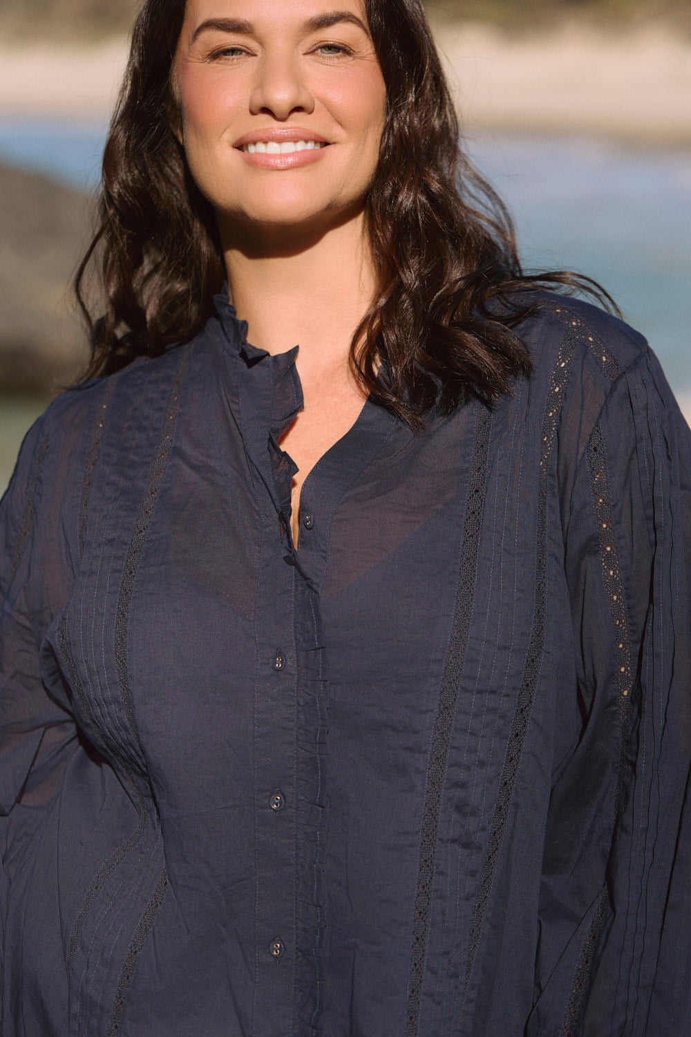 Harper Pintuck Blouse in Navy Lyric