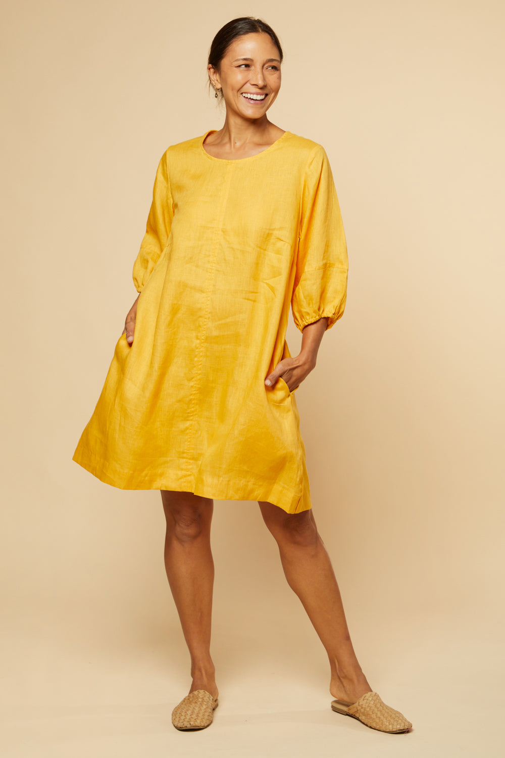 Hazel Short Shift Linen Dress in Golden Hour