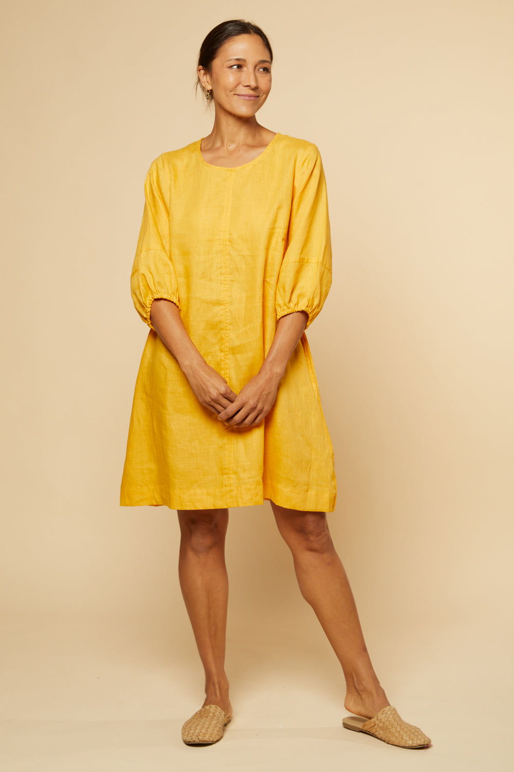 Hazel Short Shift Linen Dress in Golden Hour