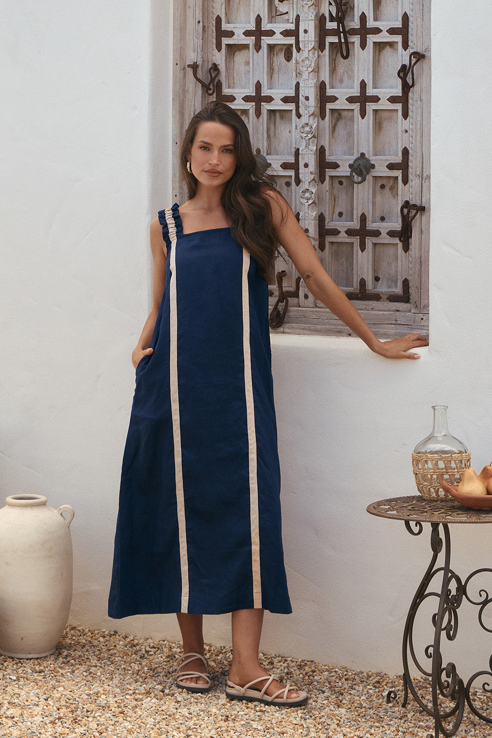 Claire Linen Frill Sun Dress in Natural Splice