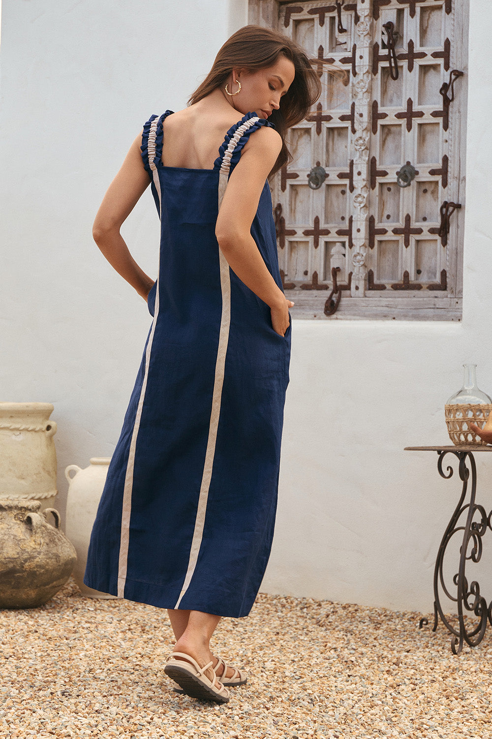 Claire Linen Frill Sun Dress in Natural Splice