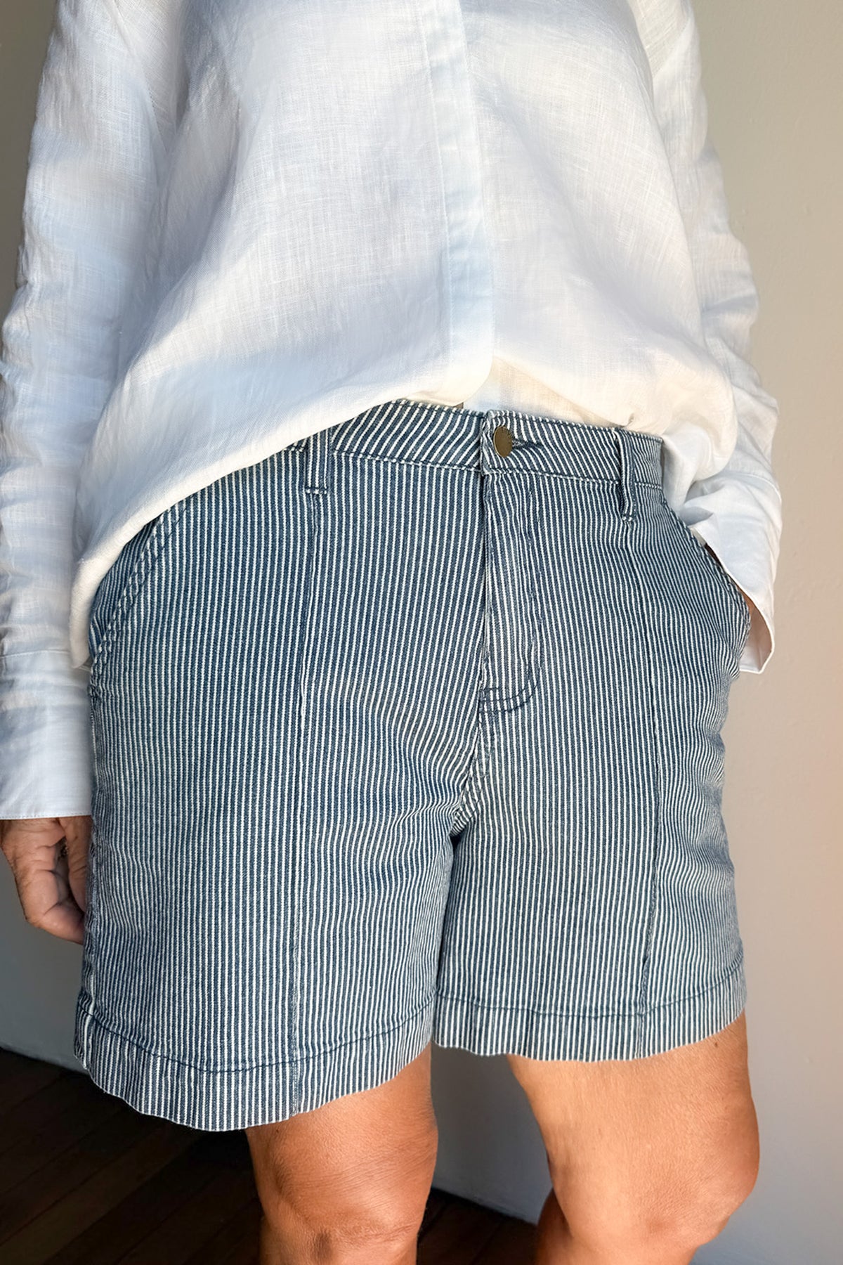 Lainey Denim A-Line Shorts in Stripe