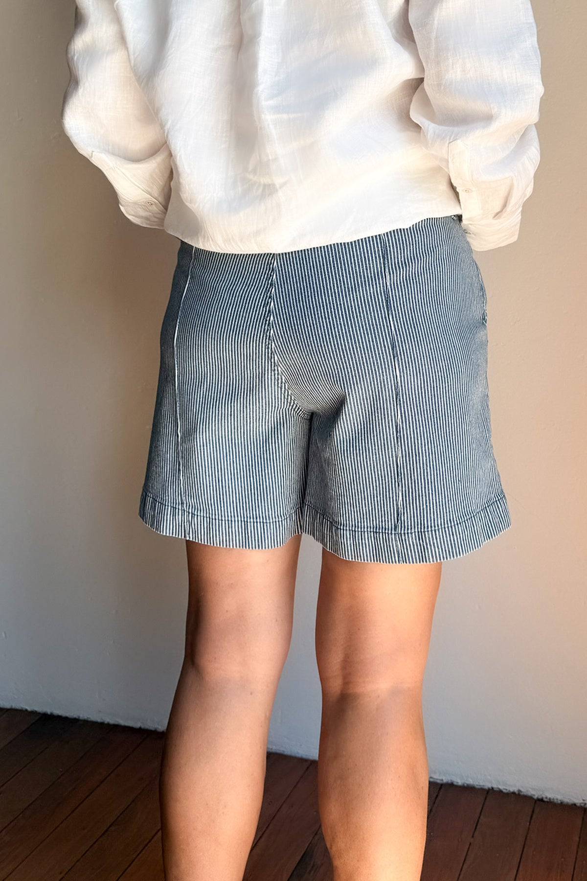 Lainey Denim A-Line Shorts in Stripe