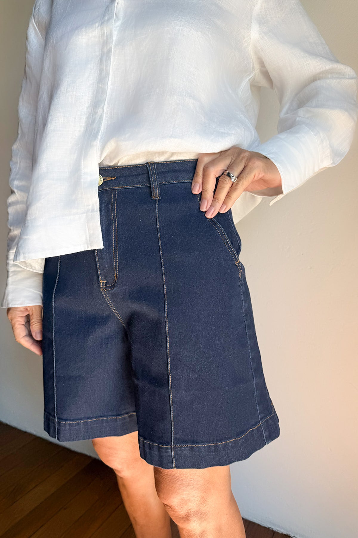 Lainey Denim Longline A-Line Shorts in Dark Wash