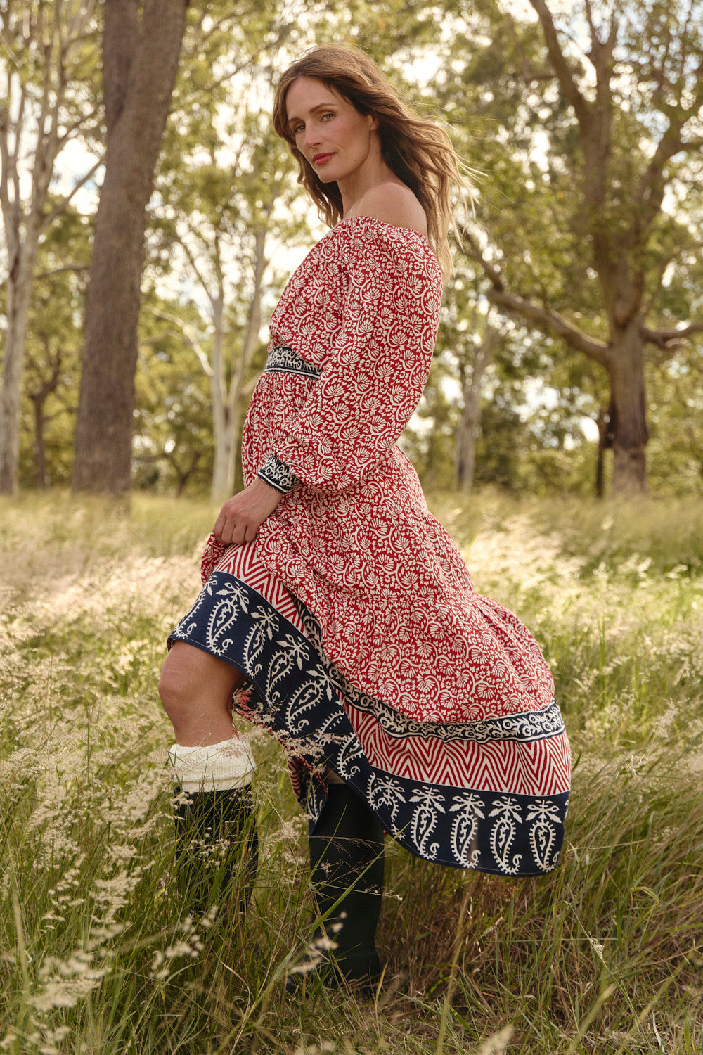Isla Tiered Dress in Sundar Drift, bold paisley sweeping through the tiered skirt, Adrift Clothing