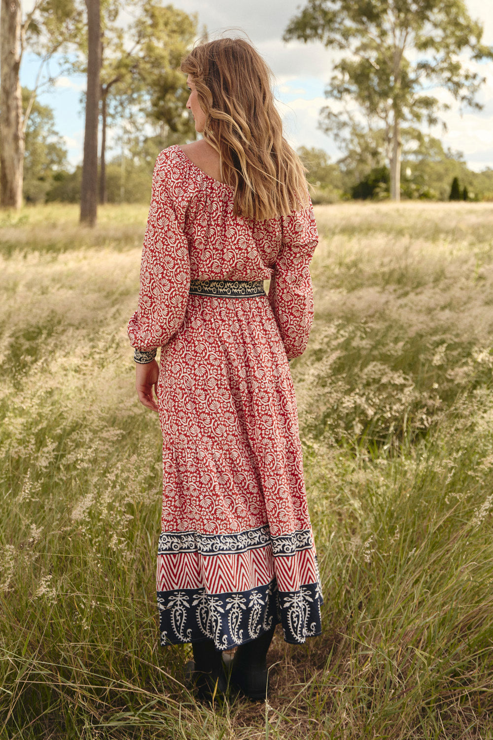 Isla Tiered Dress in Sundar Drift, hand-designed print maxi designed in Brisbane Australia