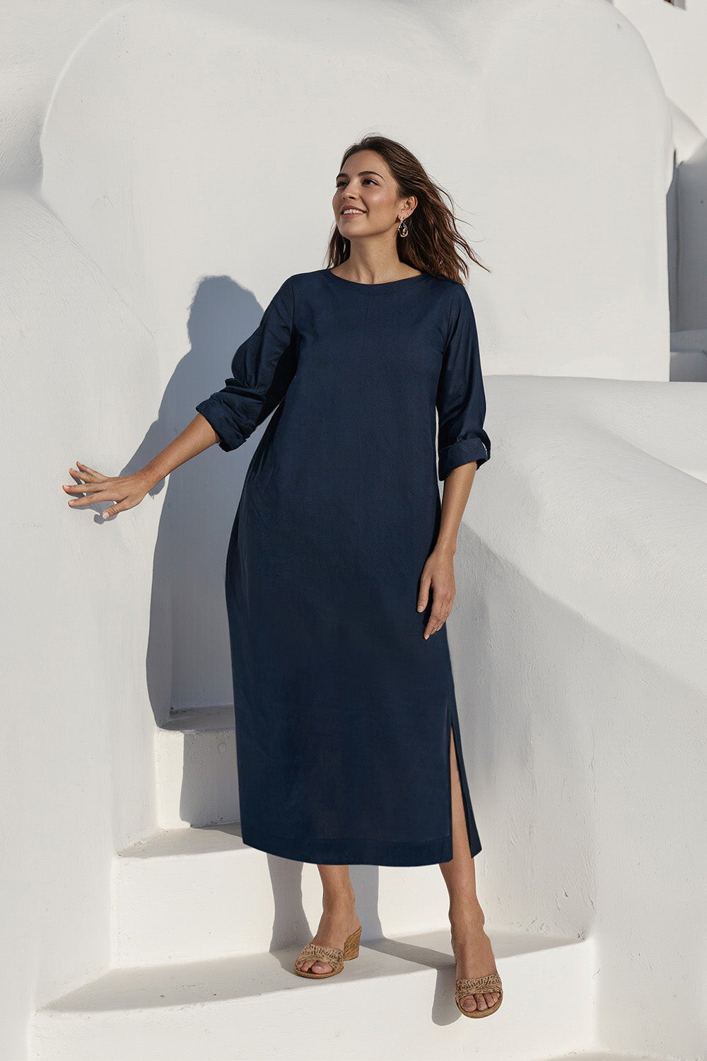 Jarla Linen Midi Dress in Navy