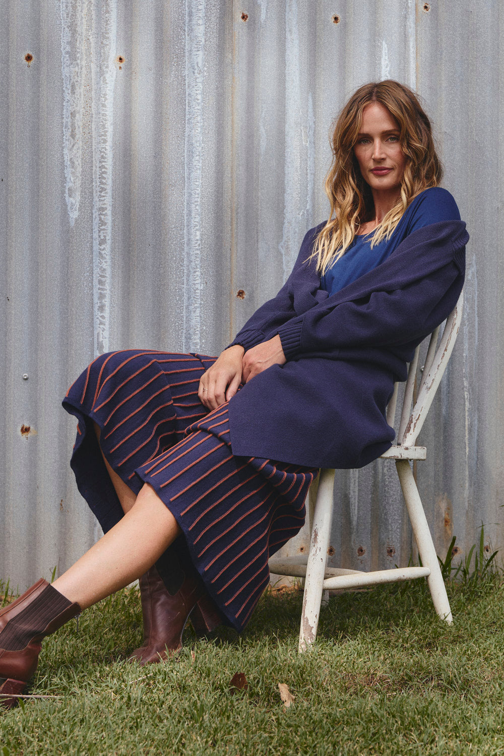 Knitted Long Line Cardigan in Navy with front patch pockets and rib knit collar, Australian womenswear by Adrift
