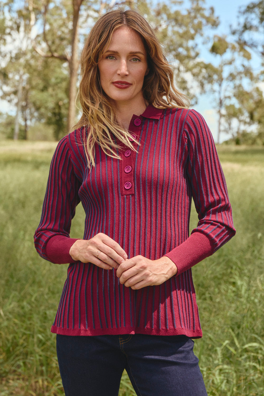 Knitted Collared Jumper in Cherry Red, Jumper - Adrift Clothing