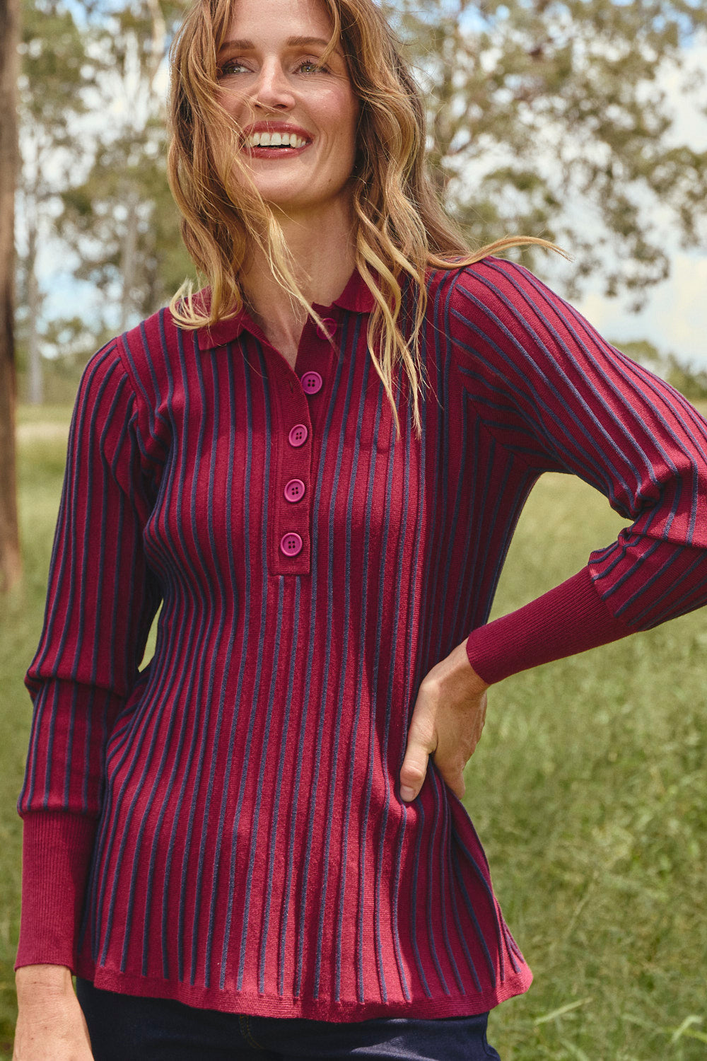 Knitted Collared Jumper in Cherry Red, Jumper - Adrift Clothing