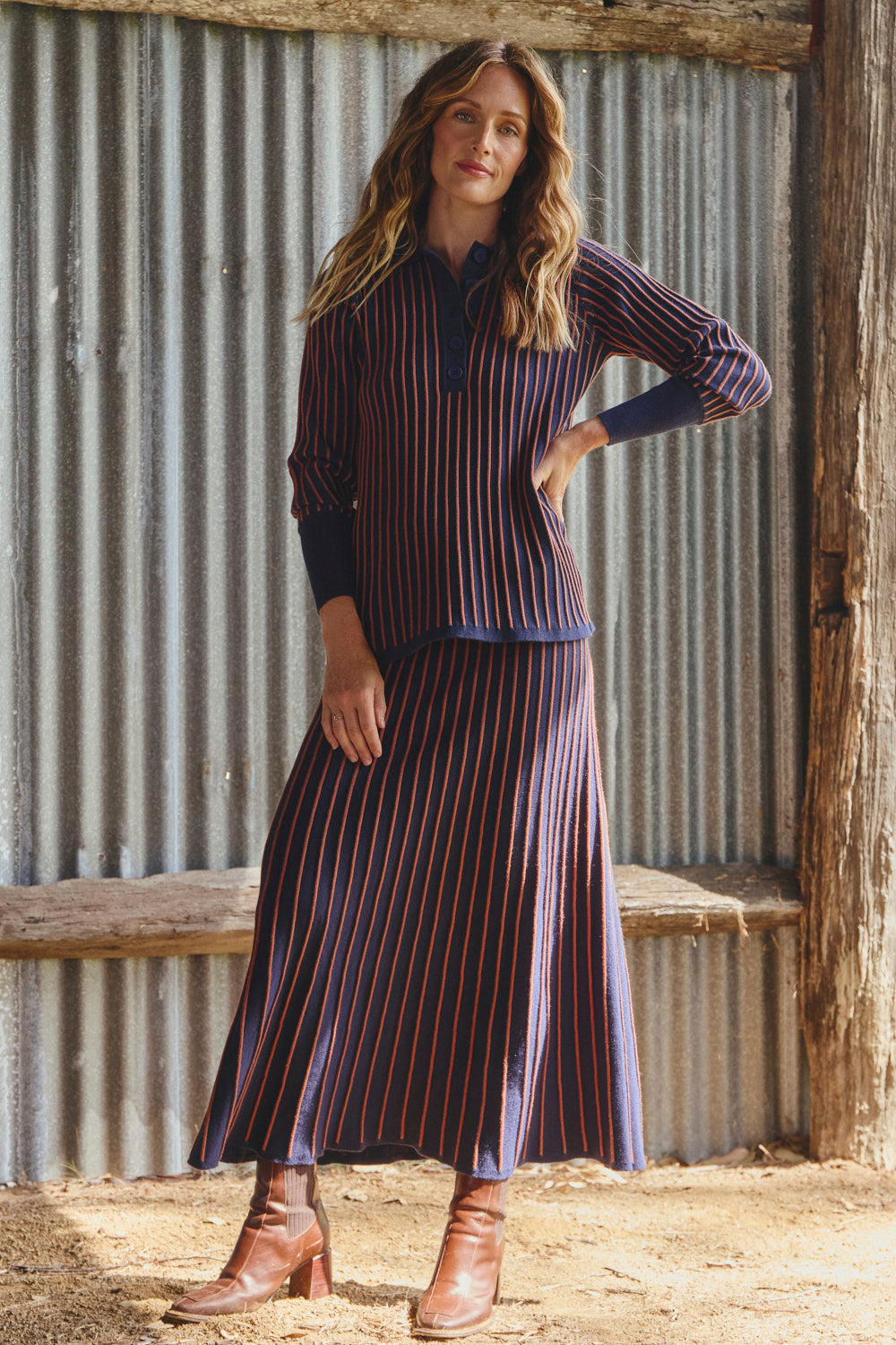 Knitted A-Line Skirt in Navy Spice