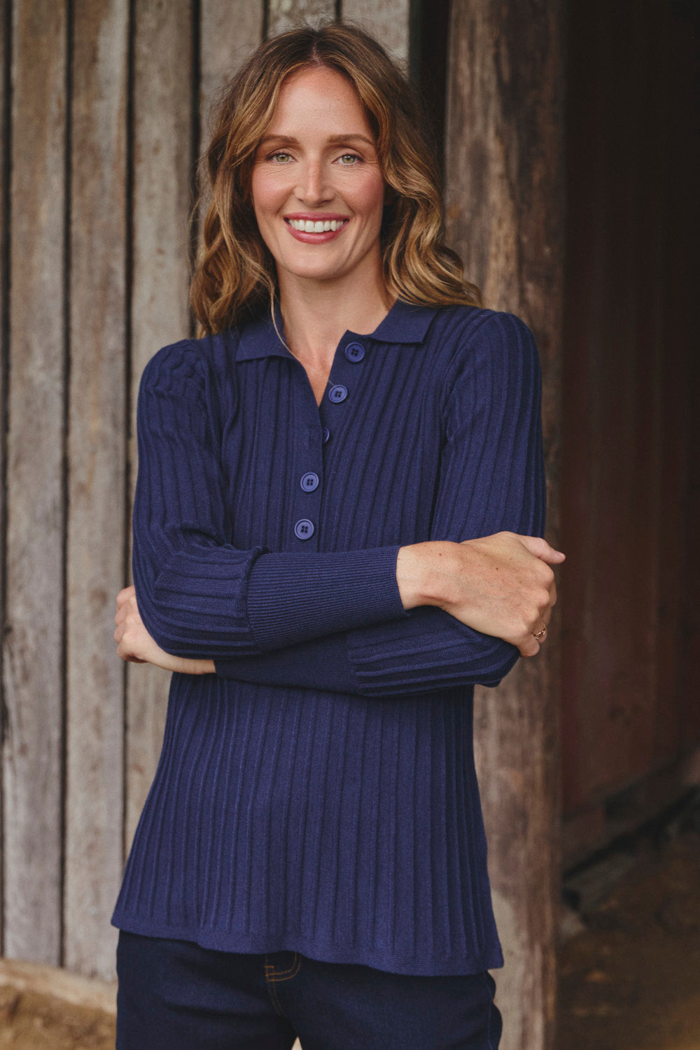 Knitted Collared Jumper in Navy, Jumper - Adrift Clothing