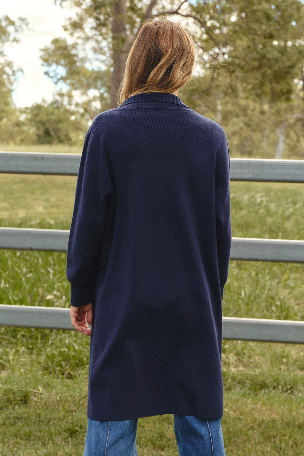 Knitted Long Line Cardigan in Navy, designed in Brisbane Australia