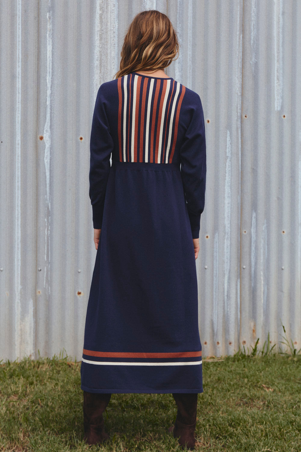 Knitted V-Neck Dress in Navy Spice, designed in Brisbane Australia