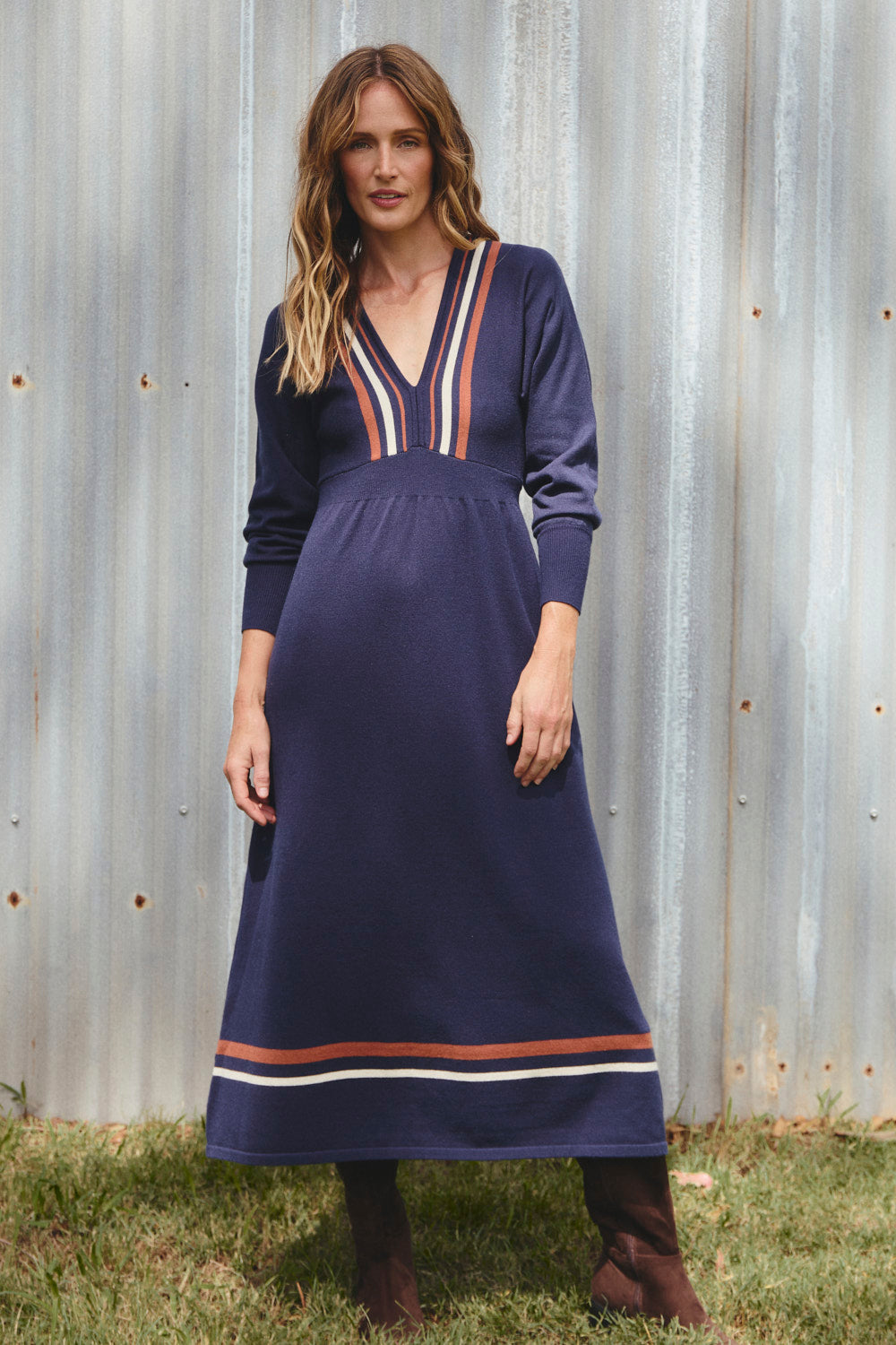 Knitted V-Neck Dress in Navy Spice, effortless wear from day to evening, Australian womenswear by Adrift