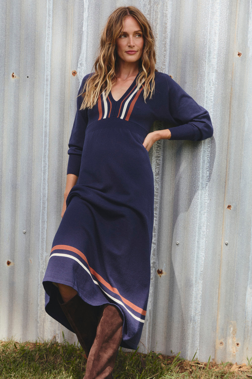 Knitted V-Neck Dress in Navy Spice with contrast textured rib knit detailing, Adrift Clothing