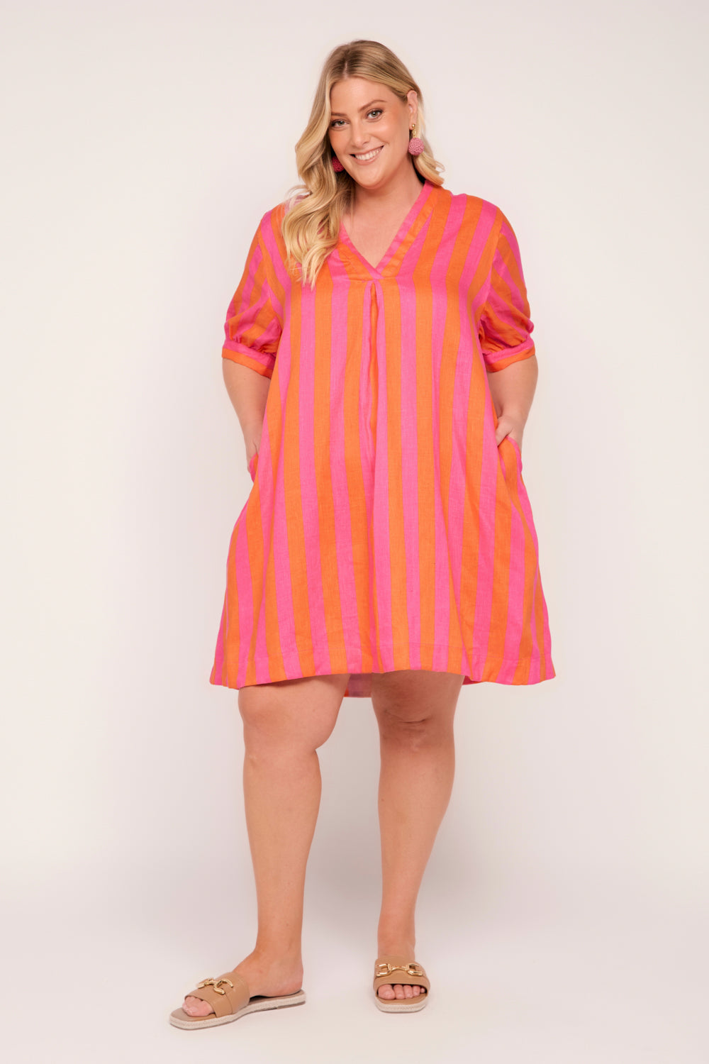 Kora A-Line Puff Sleeve Linen Dress in Afterglow