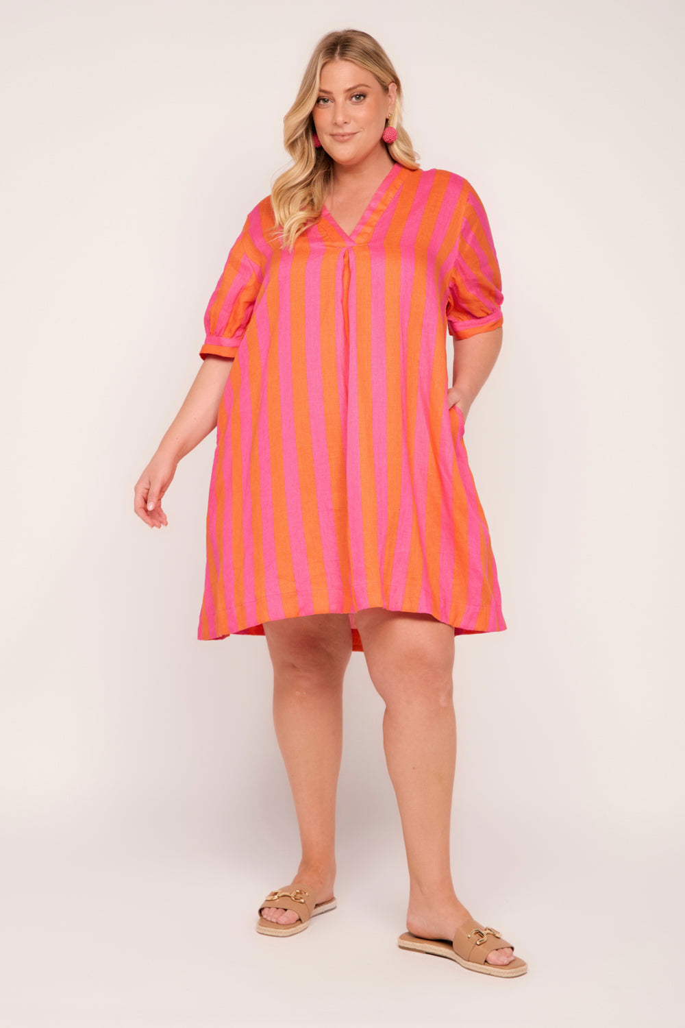 Kora A-Line Puff Sleeve Linen Dress in Afterglow