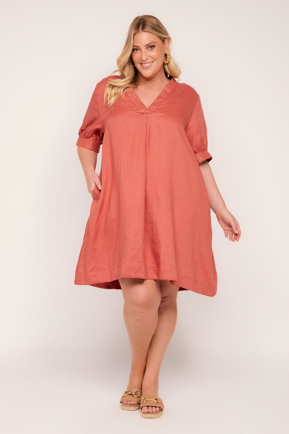 Kora A-Line Puff Sleeve Linen Dress in Desert Rose