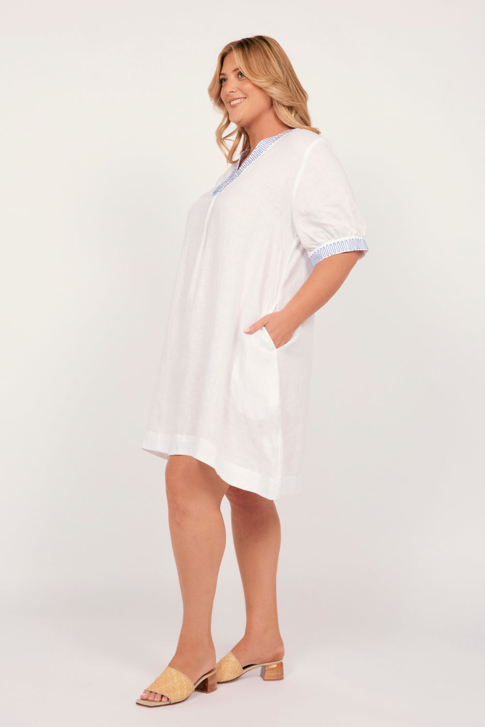 Kora A-Line Puff Sleeve Linen Dress in Island Breeze