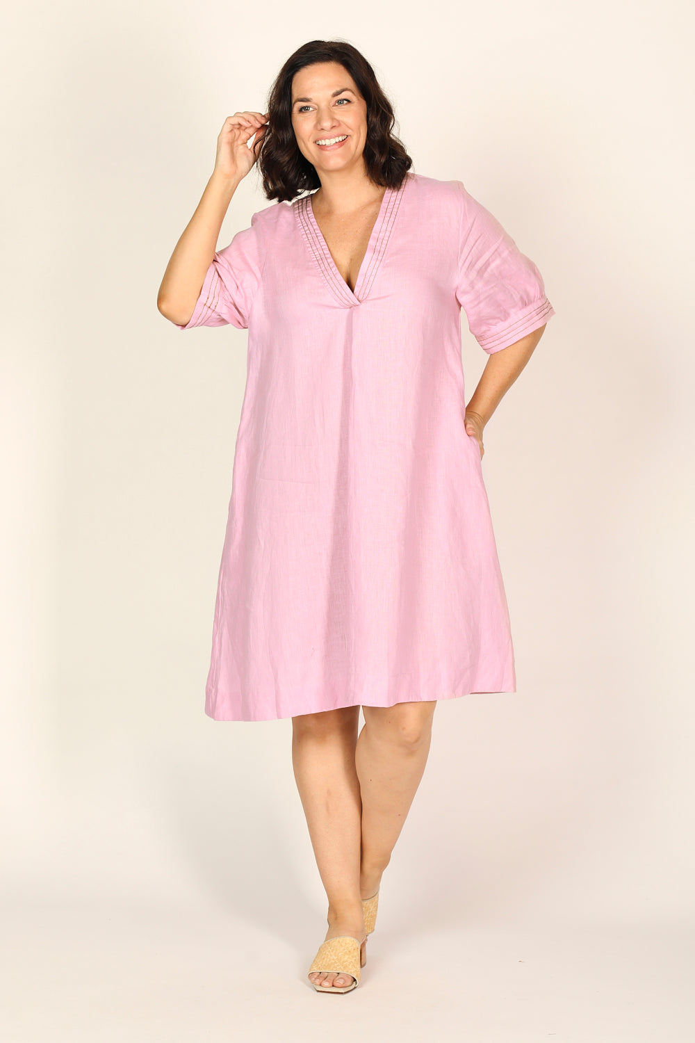 Kora A-Line Puff Sleeve Linen Dress in Peony