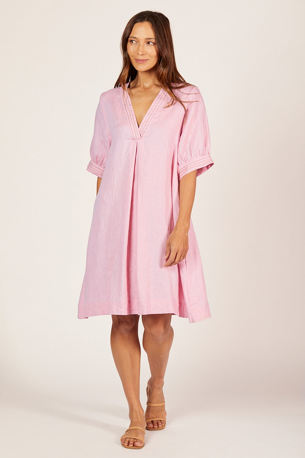 Kora A-Line Puff Sleeve Linen Dress in Peony