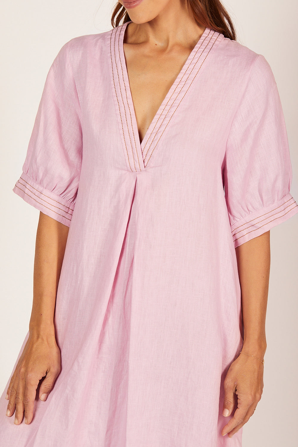 Kora A-Line Puff Sleeve Linen Dress in Peony