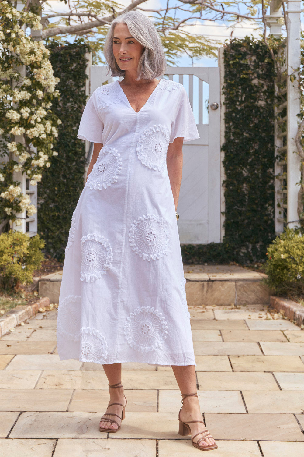 Tatum Flutter Sleeve Dress in White Manali